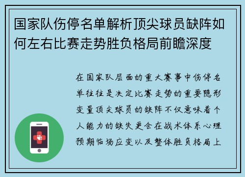 国家队伤停名单解析顶尖球员缺阵如何左右比赛走势胜负格局前瞻深度